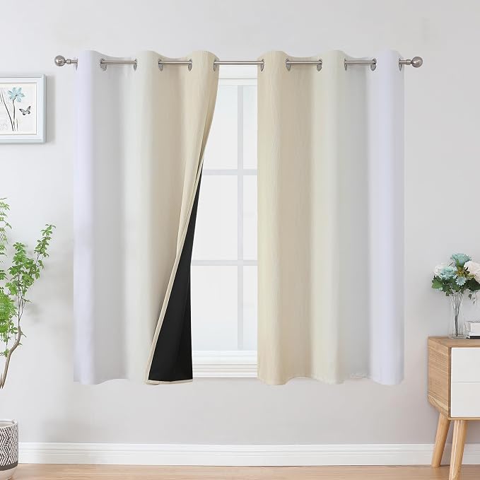 Beige and Greyish White Ombre Blackout Curtains for Bedroom 45 Inches Long | Estelar Textiler Thermal Insulated,Full Room Darkening,Energy Saving,Grommet Drapes for Short Small Window, 42Wx45L, 2 Panels