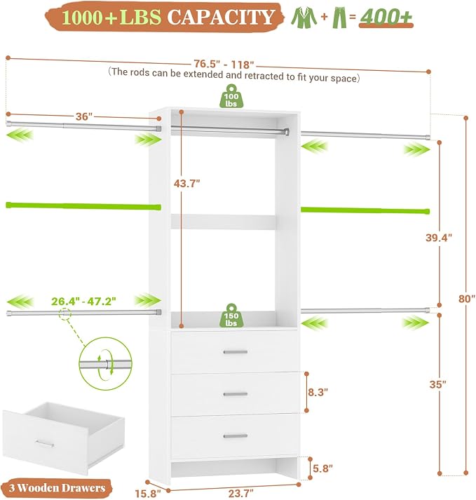 Aheaplus Closet System, 4.2-9Ft Closet Organizer with with 4 Rods, White | for Walk in Closet, Wardrobe Clothes Rack with Wooden Drawers, Garment Rack