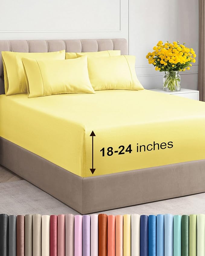 Extra Deep Queen Sheet Set - 6 Piece Breathable and Cooling Sheets - Yellow | Hotel Luxury Bed Sheets Set, Easy & Secure Fit, Ultra-Soft, Wrinkle & Fade Free, Comfy Sheets Set with Extra Deep Pockets