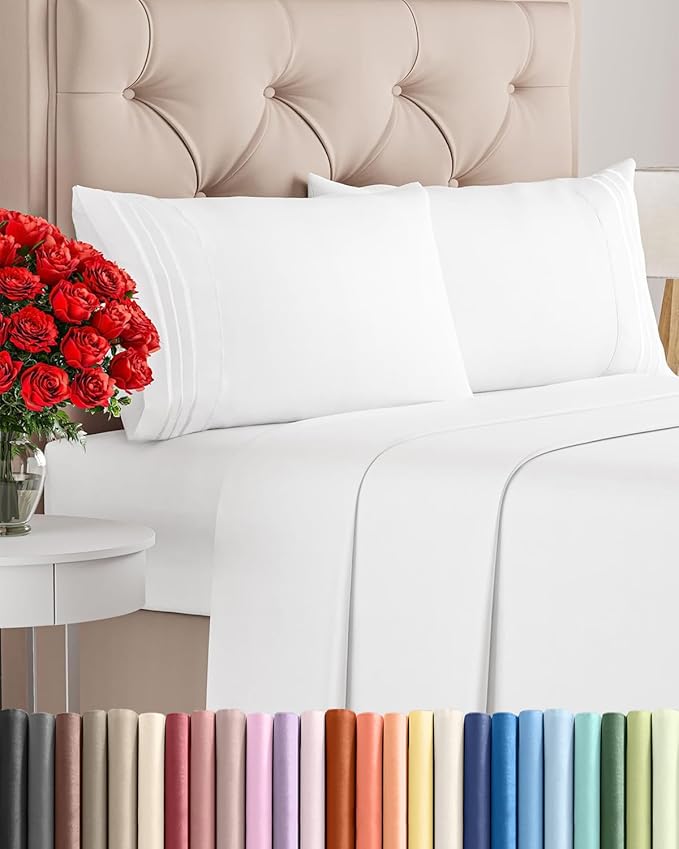 Full Size 4 Piece Sheet Set - Comfy Breathable & Cooling Sheets - White | Hotel Luxury Bed Sheets for Women & Men, Deep Pockets, Easy-Fit, Extra Soft and Wrinkle Free Sheets, Oeko-Tex Bed Sheet Set
