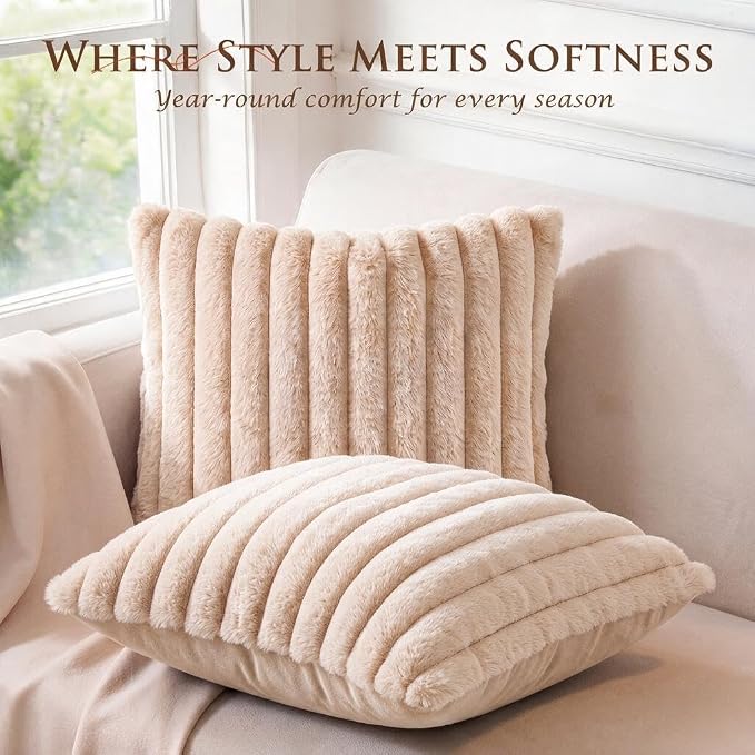 Pack of 2 Throw Pillow Covers 20x12 Decorative Solid Plush Faux Fur with Soft Velvet Back, Square Striped Cushion Cases Modern Farmhouse Home Decor for Living Room Couch Sofa Bed Apricot