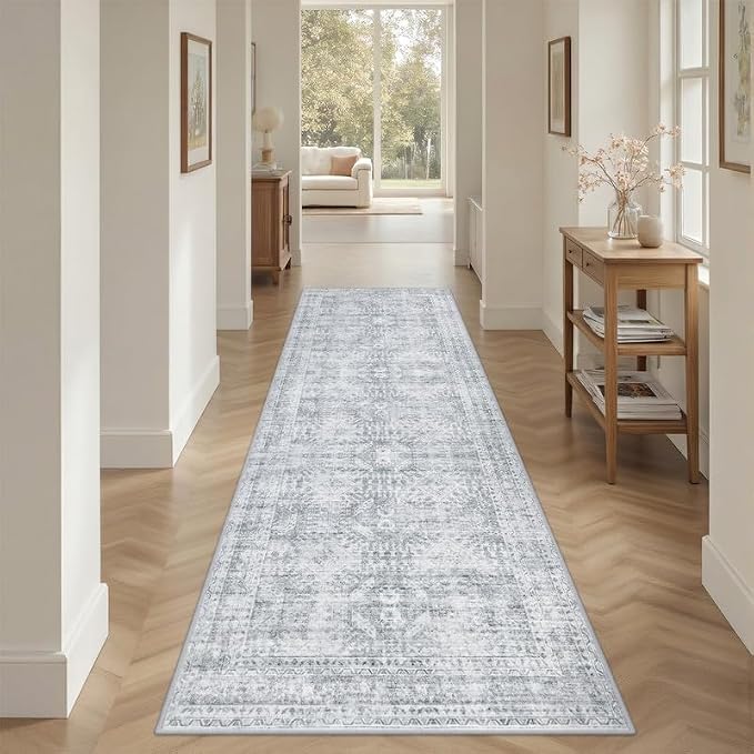 2'6''x8' Hallway Washable Runner Rug: Neutral Kitchen Carpet Gray | Vintage Boho Soft Small Indoor Decor Floor Non-Slip Low Pile Neutral Farmhouse Entryway Laundry Bathroom Bedroom Beside Rugs