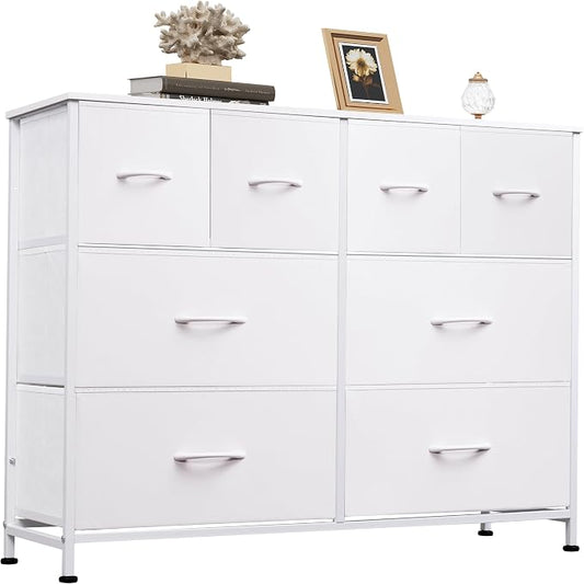 WLIVE Wide Dresser for Bedroom, 8 Drawer Chest of Drawers, White | 8 roomy fabric drawers, Wide storage design, Bedroom or closet use, Sturdy steel frame, Smooth wood tabletop