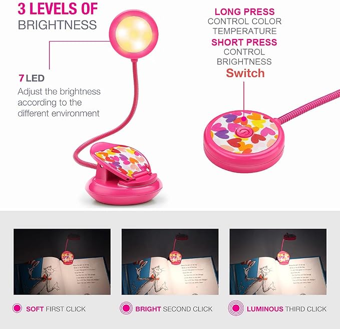 Vekkia Cute Rechargeable Book Light Eye-Care Clip on Lights (Rose Red) | for Reading in Bed/3 Colors & 3 Brightness/1.8oz Lightweight/Up to 40 Hours Useage/Great Gifts for Kids & Readers