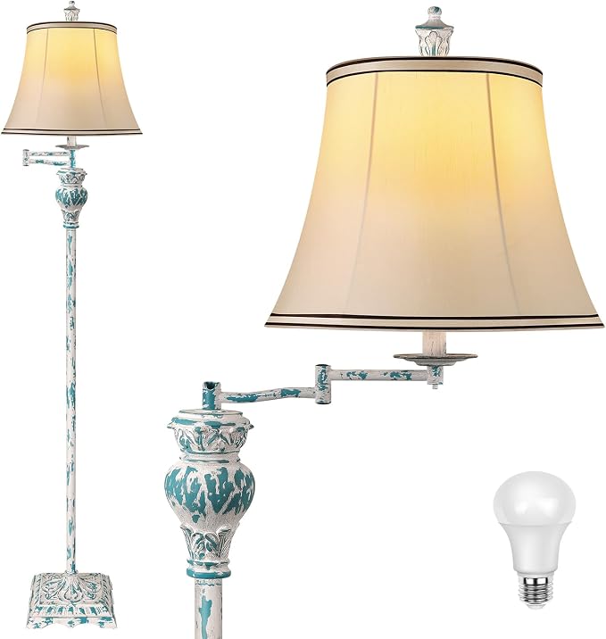 PARTPHONER Vintage Floor Lamps for Living Room,Traditional 350° Adjustable Swing Arm Farmhouse Floor Lamp for Bedroom, Rustic Standing Lamp Pole Lamps for Reading, Home Décor and Office, Washed Blue