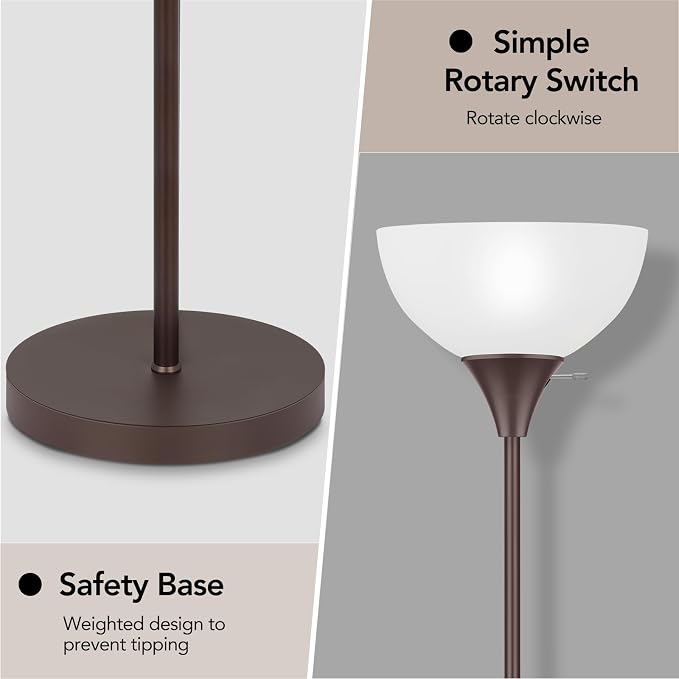 Coucrek Floor Lamp, LED Standing Lamps with White Plastic Shade, Corner Floor Lights for Living Room Bedroom, Rotary Switch, Bulb not Included, Brown