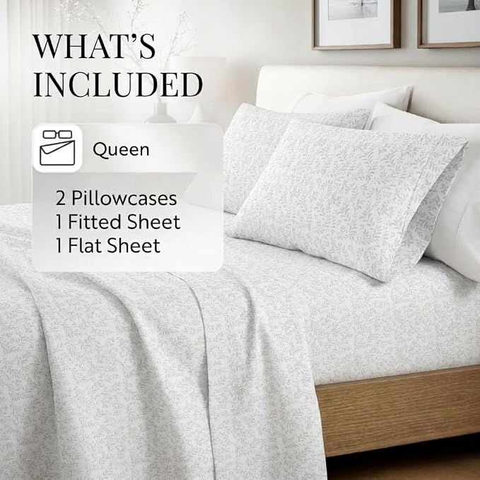 Linen Market Double-Brushed Patterned Microfiber Queen Sheet Set 4 Piece – Oeko-TEX Certified Ultra Soft & Wrinkle-Free - 16" Deep Pocket Sheets - Easy Care Queen Size - Burst of Vines Light Gray