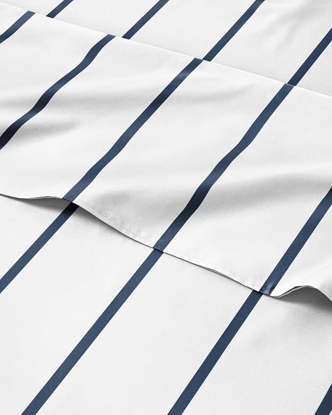 Cal King 4 Piece Striped Sheet Set - Breathable & Cooling - Navy Stripe | 1 Flat, 1 Fitted & 2 Pillowcases w/ Deep Pockets, Luxury Striped Bedding, Soft, Breathable & Cooling, Wrinkle & Fade Free