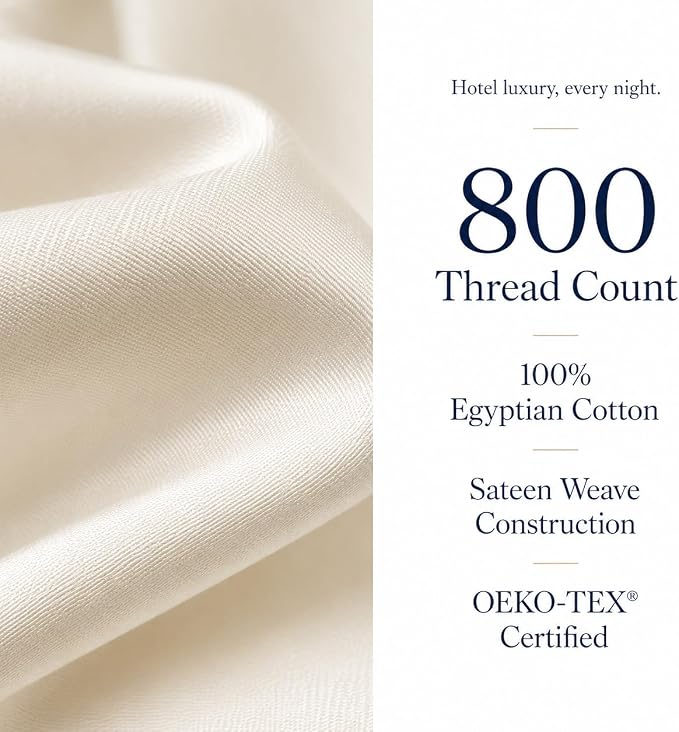Egyptian Cotton King Size Sheets Set, Sateen Weave King Sheets Set - Ivory | 15" Deep Pocket Sheet & Pillowcases, 800 Thread Count, 4-Piece, Silky Soft & Naturally Cooling, OEKO-TEX Certified Bedding