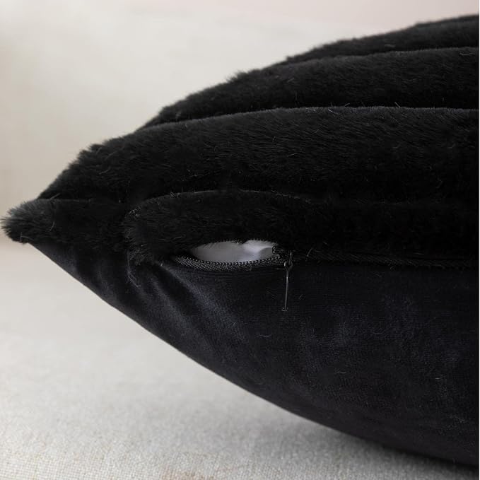 ZLINA Black Striped Faux Fur Throw Pillow Covers 26 x 26 Inch | 2‑Pack, boho striped pillow covers,velvet back,fuzzy plush cushion covers , for sofa bed livingroom home decor
