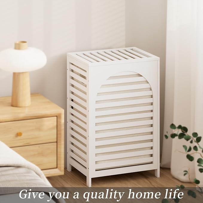 Laundry Hamper with Lid,Bamboo Large Waterproof Clothes Laundry Basket,Removable Washing Bags with Handles,clothes basket (White)