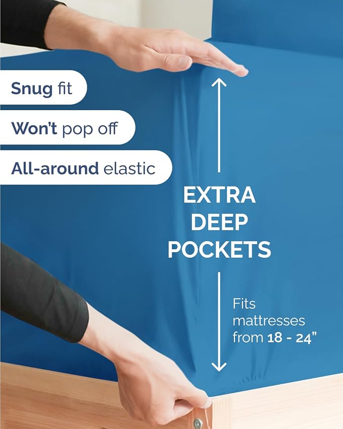 Flex Top Split Head King Sheet Set - 4 Piece Extra Deep Sheets - Denim Blue | Easily Fits 18 to 24 inch Mattress, Ultra Soft, Wrinkle & Fade Free with Extra Deep Pockets, Comfy Hotel Luxury Bedding