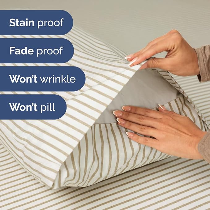 Extra Deep Cal King Sheet Set - 6 Piece Cooling Bed Sheets - Beige Stripes | Hotel Luxury Bed Sheets Set, Easy & Secure Fit, Ultra-Soft, Wrinkle & Fade Free, Comfy Sheets Set with Extra Deep Pockets