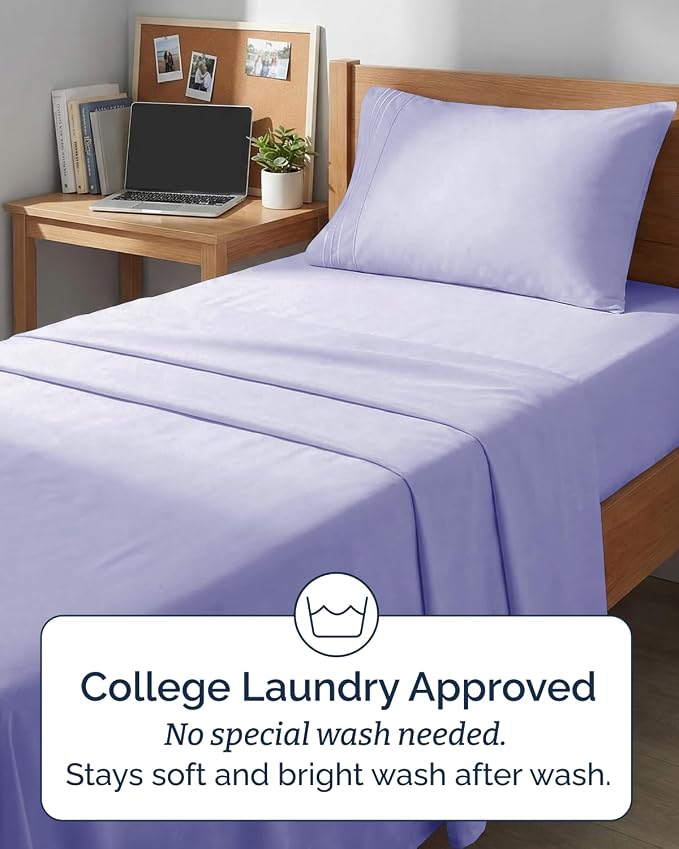 Twin XL 3 Piece Sheet Set - College Dorm Room Essentials - Lavender | Deep Pocket Bed Sheets for Women, Men, Teens & Students, Soft, Cooling, Breathable & Wrinkle Free, Oeko-Tex Bed Sheet Set