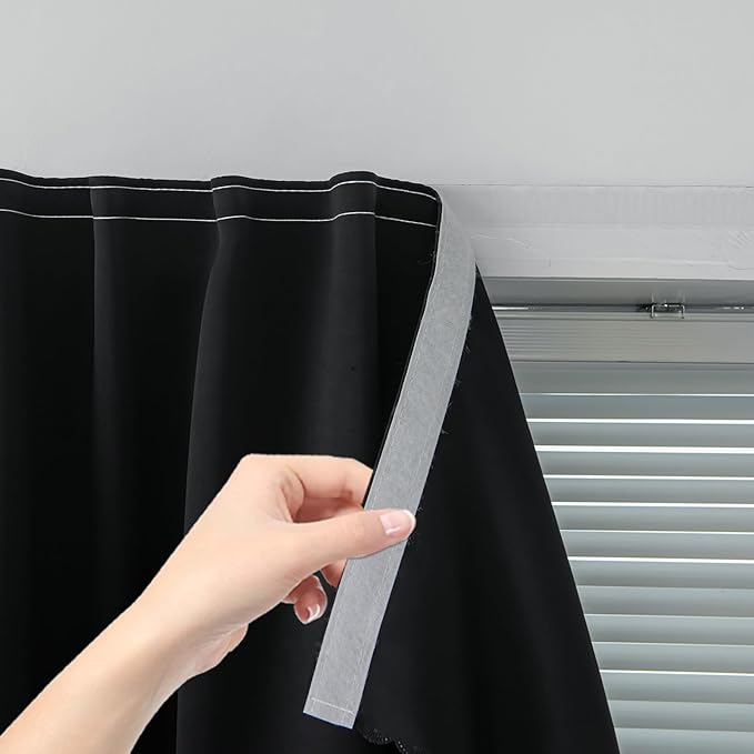 Thermal Blackout Curtains with Self Adhesive Tape No Rod No Drill Easy Install Window Cover for Bedroom Kitchen Dorm 58" W x 71" L Black 1 Panel
