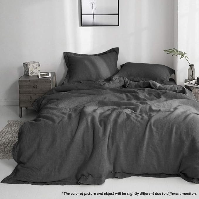 Simple&Opulence 100% Linen Duvet Cover Set with Embroidery Border Washed - 3 Pieces (1 Duvet Cover with 2 Pillow Shams) with Button Closure Soft Breathable Farmhouse - Dark Grey, Queen Size