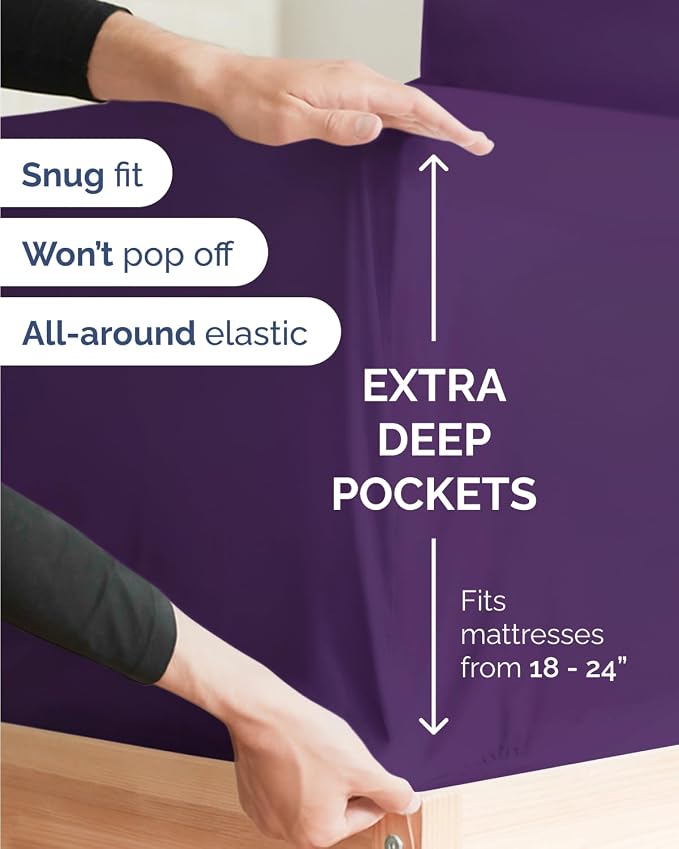 CGK Unlimited Extra Deep Flex Top Split Head King Sheet Set - 6 Piece Breathable and Cooling Sheets - Hotel Luxury Bedding for Women, Men, Kids & Teens - Easy Secure Fit - Extra Deep Pockets - Purple