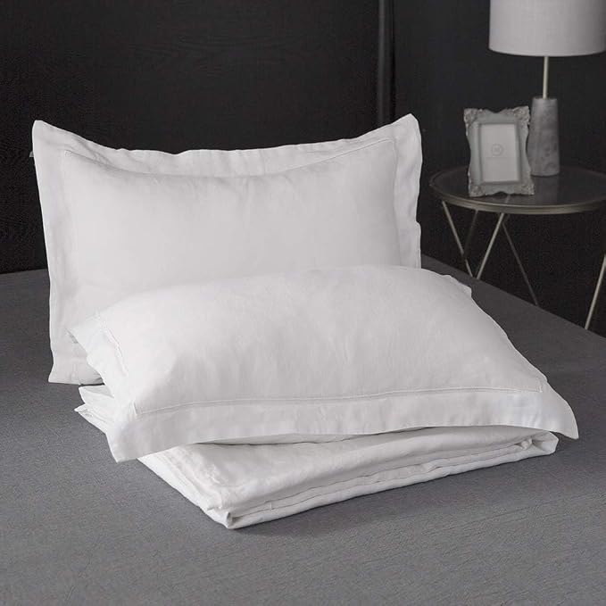 Simple&Opulence 100% French Flax Linen Duvet Cover Set with Embroidery Washed - 3 Pieces (1 Duvet Cover with 2 Pillow Shams) with Button Closure Soft Breathable Farmhouse - White, King Size