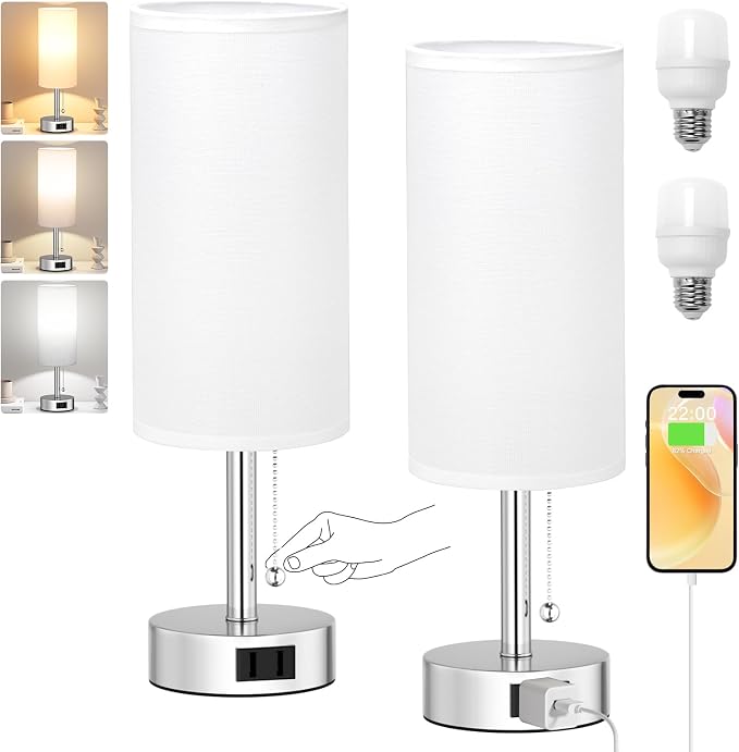 Silver Bedside Table Lamps Set of 2 - Bedroom Lamp for Desk, AC Outlet | 3CCT(3000K/4000K/5000K), LED Bulbs Included, White Fabric Lampshade, 14in Small Lamp for Nightstand, Guest Room, Living Room
