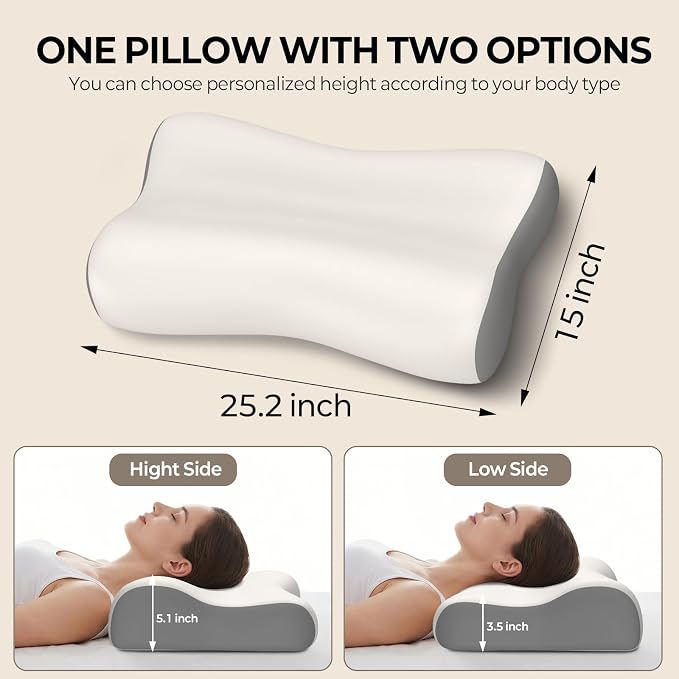 Polovo Cervical Neck Pillow - Ergonomic Side Sleeper Pillow for Pain Relief, Contour Memory Foam Pillows for Deep Sleep, Orthopedic Cooling Pillow Bed Pillow for Side Back Stomach Sleepers(White&Grey)