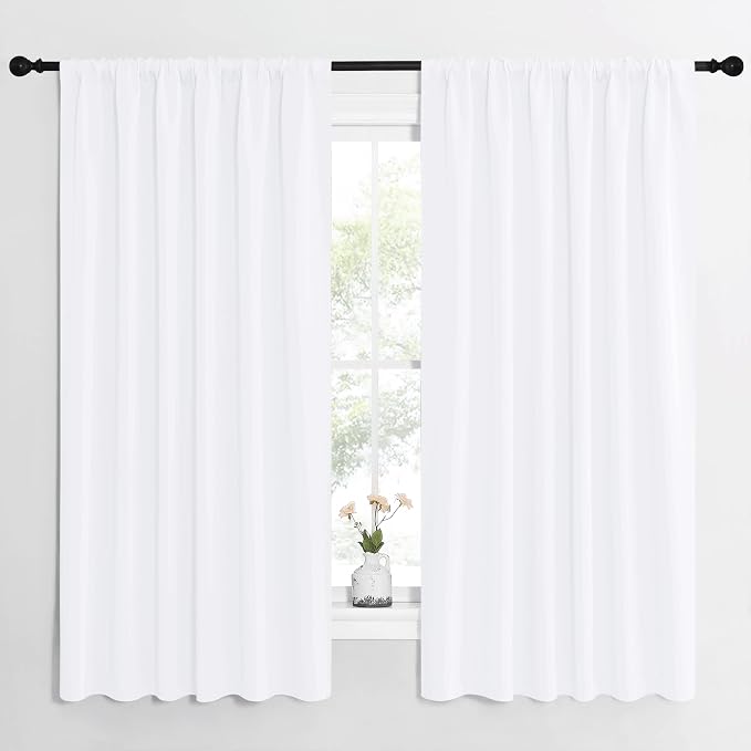 NICETOWN White Curtains, 50% Light Blocking Curtain Panels for Bedroom, Home Decoration Easy-Care Solid Rod Pocket Draperies/Drapes, Window Covering for Kitchen (2 Panels, 62 by 63, White)
