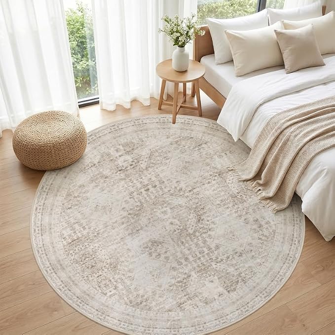Round Area Rug Living Room: 8ft Neutral Washable Carpet Rug Brown | Vintage Boho Circle Soft Large Circular Carpet Bedroom Nursery Farmhouse Dining Room Indoor Decor Floor Non-Slip Under Table
