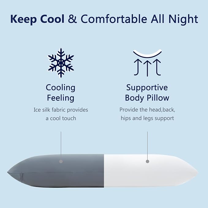 DOWNCOOL Large Body Pillow Insert with Cooling Cover - Soft Long Bed Pillow for Summer - Breathable Full Body Pillow for Adults - 20x54 inch (Grey, with Cover)