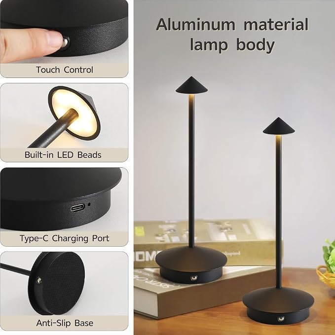 EJQ 2 Pack LED Rechargeable Cordless Table Lamps,Portable Outdoor 5000mAh Battery Operated Table Light Touch Control 3 Color Dimmable for Patio/Cofee/Restaurant/Camping/Dining/Bedroom-Black