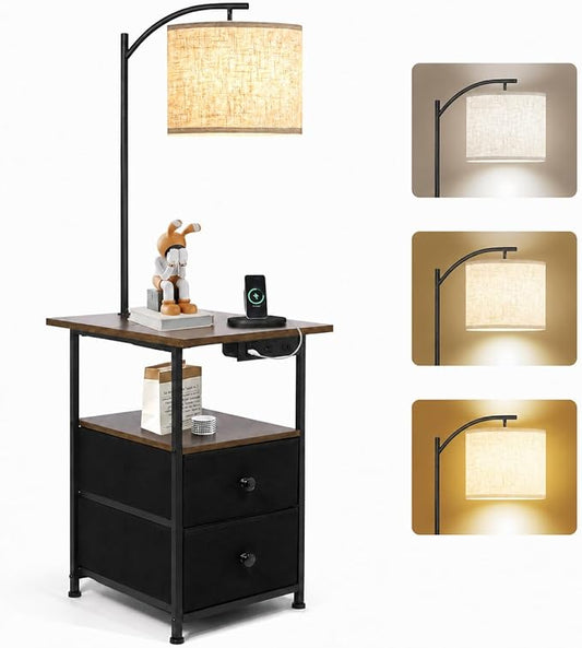 PESRAE Floor Lamp with Table & 2 Drawers, End Table with Lamp, Rustic Brown | Charging Station with USB, Type-C & AC Outlet; 9W LED Bulb with 3 Color Temperatures for Bedroom, Living Room & Home Office