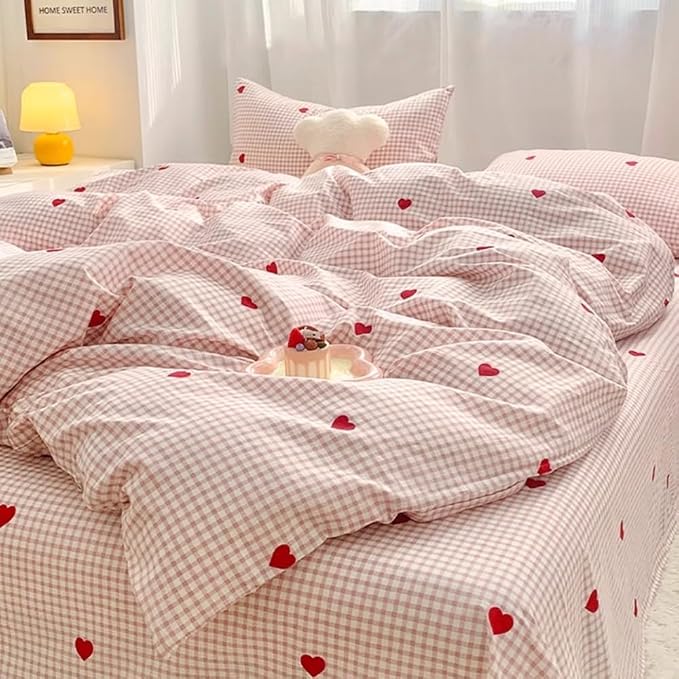 Nayoroom Gingham Duvet Cover Queen Size Pink Plaid Red Heart Printed on White Bedding Set 3 Pcs Kids Girls Cute Heart-Shaped Comforter Cover with Zipper Closure Soft Breathable Microfiber