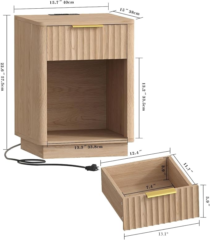 Akxomel Fluted Nightstand Set 2 Bedside Table with Charging Station Oak | Wooden Side Table with LED Light, Modern Mid Century End Table with Drawer, 15" D x 15.7" W x 22.6" H, for Bedroom