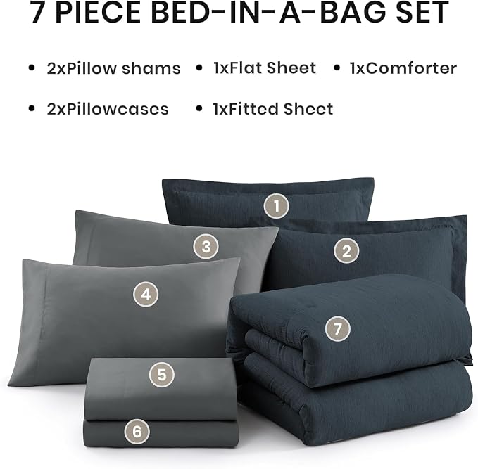 Monbix California King Size Comforter Set 7 Pieces Navy Blue Bed in a Bag | Cationic Dyeing Reversible All Season Bedding Sets with Comforter, Sheets, Pillowcases & Shams