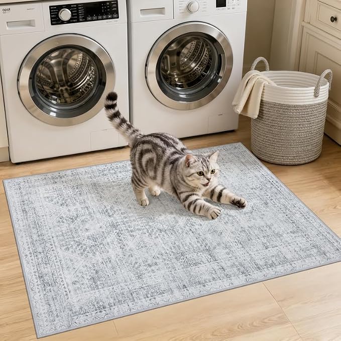 Washable Area Rugs 2x3: Neutral Living Room Bedroom Carpet Gray | Vintage Boho Soft Small Indoor Decor Floor Non-Slip Low Pile Neutral Farmhouse Entryway Laundry Bathroom Bedroom Beside Rugs