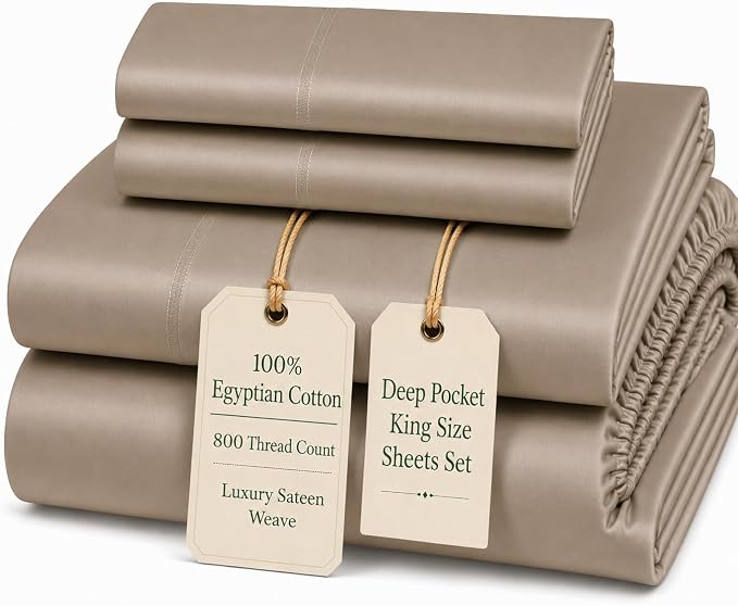 King Sheet Set, 100% Cotton Bed Sheets Sateen Weave King Size Sheets -Taupe | 15" Deep Pocket, 800 Thread Count, 4 piece Luxury Bedding, Buttery Soft & Breathable, Machine Washable, OEKO TEX Certified