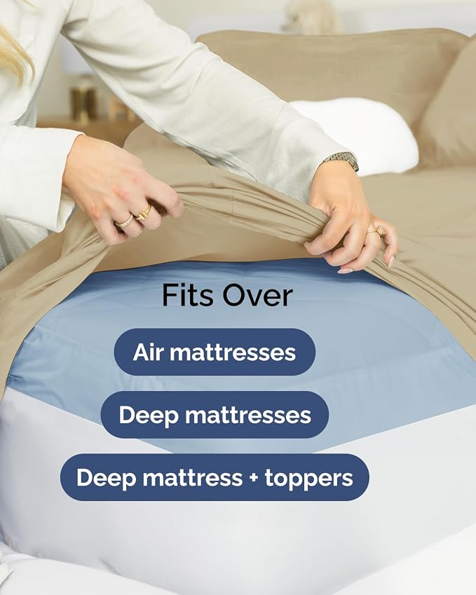 Flex Top Split Head King Sheet Set - 4 Piece Extra Deep Sheets - Beige | Easily Fits 18 to 24 inch Mattress, Ultra Soft, Wrinkle & Fade Free with Extra Deep Pockets, Comfy Hotel Luxury Bedding
