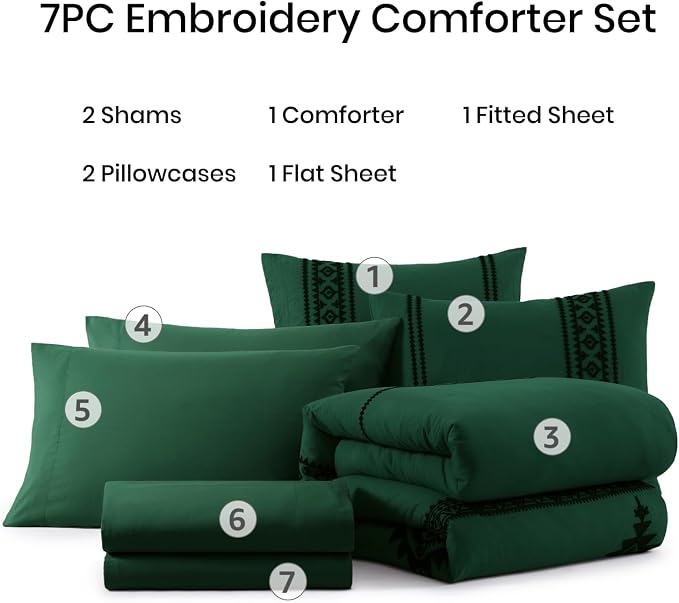 MaiRêve Embroidery King Size Comforter Set 7 Pieces Western Bed in a Bag | Emerald Green Boho Farmhouse Bedding Sets with Comforter, Sheets, Pillowcases & Shams