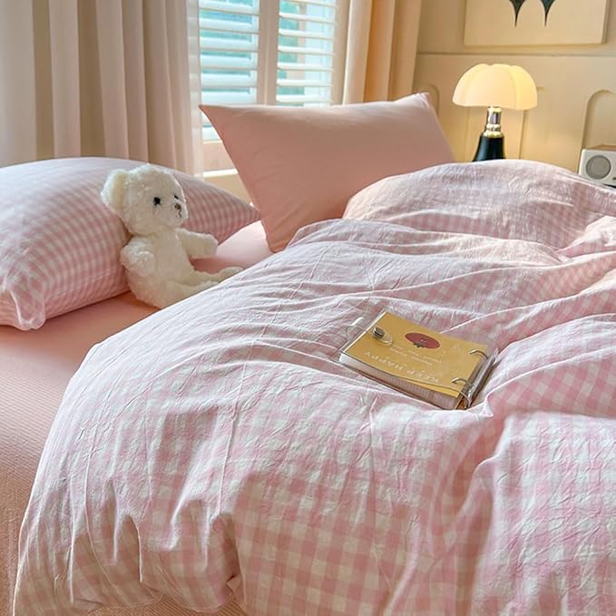 Nayoroom Gingham Duvet Cover Set Queen Pink White Plaid Checkered Bedding | Soft Breathable Washed Microfiber, All-Season Comfort, Hidden Zipper, 4 Corner Ties, Coquette Modern Farmhouse, Dorm Bedding
