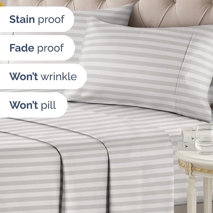 King 4 Piece Striped Sheet Set - Soft, Breathable & Cooling - Greyscale | 1 Flat, 1 Fitted & 2 Pillowcases w/ Deep Pockets, Luxury Striped Bedding, Soft, Breathable & Cooling, Wrinkle & Fade Free