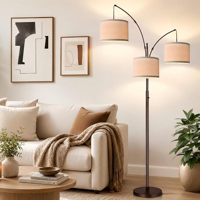 Dimmable Floor Lamp - 3 Lights Arc Floor Lamps for Living Room, 1000LM Modern Tall Standing Lamp With Beige Shades, Mid Century Tree Floor Lamp for Bedroom Office, 3 LED Bulbs Included - Brown