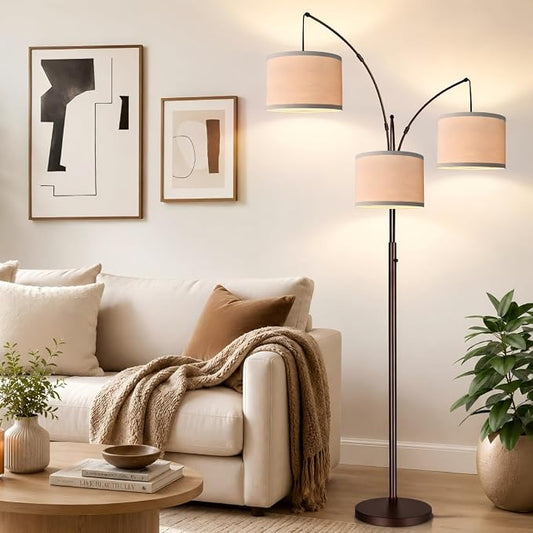 Dimmable Floor Lamp - 3 Lights Arc Floor Lamps for Living Room, 1000LM Modern Tall Standing Lamp With Beige Shades, Mid Century Tree Floor Lamp for Bedroom Office, 3 LED Bulbs Included - Brown