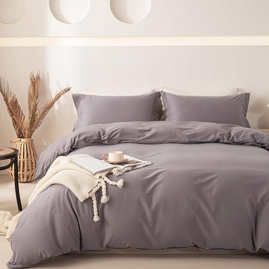 OAITE Duvet Cover Set 100% Washed Cotton Solid 3pcs | Soft,Durable,Long-staple Cotton,Hidden Zipper with 8 Interior Corner Ties,2 Pillowcases