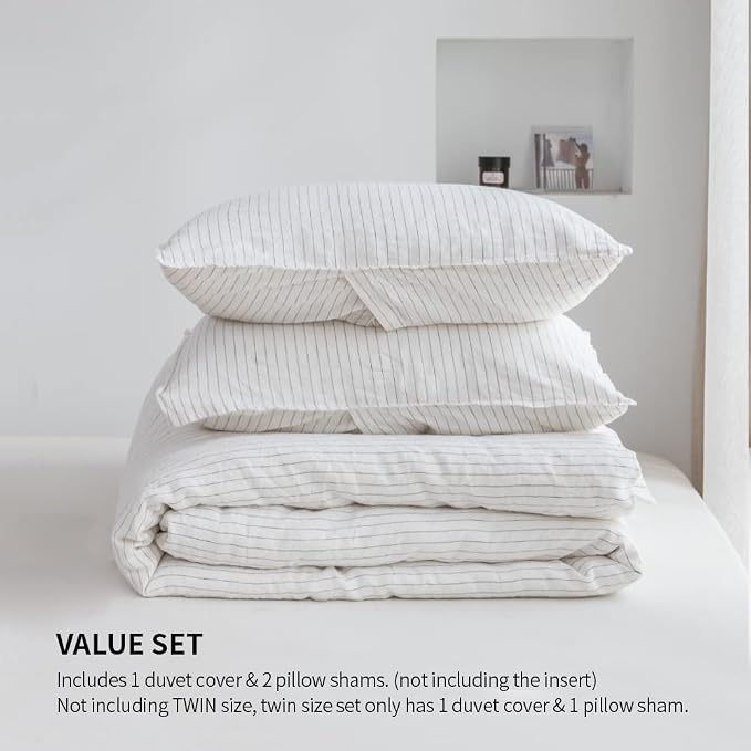 Simple&Opulence 100% Linen Striped Duvet Cover Queen 3pcs, Yarn Dyed Vertical Pinstripe Ticking Pattern Natural French Washed Flax Breathable Farmhouse Bedding - Grey Stripe