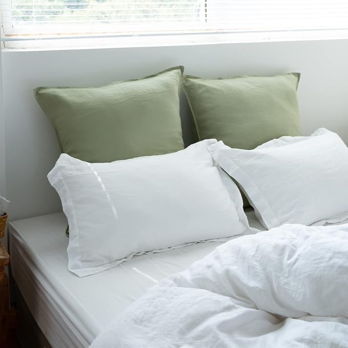 Simple&Opulence 100% Washed Linen Euro Shams 26'' x 26'' Pack of 2, Basic Style Solid Color Natural Flax Farmhouse Decorative Square Throw Pillow Covers for Bed Couch Sofa - Sage Green