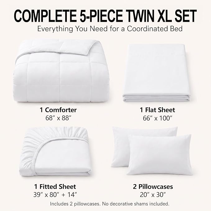 Twin XL Comforter Set White - 5 Pieces Twin XL Bed in a Bag | College Dorm Essentials, OEKO-TEX Certified, All Season, Down-Alternative Comforter + Flat & Fitted Sheets + 2 Pillowcases