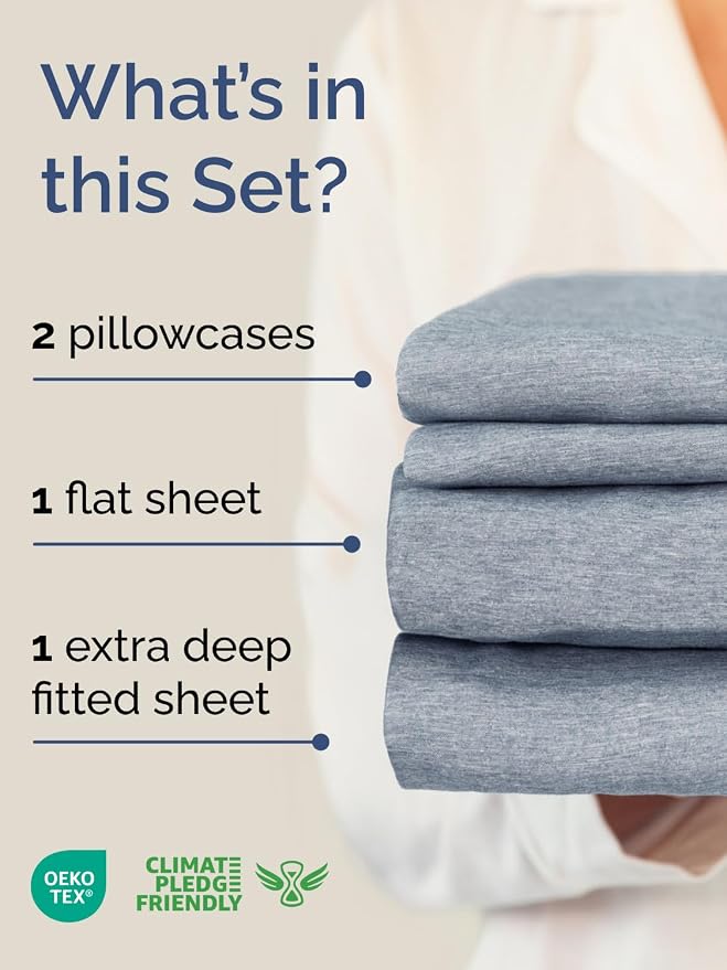 Extra Deep Cal King Sheet Set - 4 Piece Cooling Bed Sheets - Heathered Blue | Easily Fits 18 to 24 inch Mattress, Ultra Soft, Wrinkle & Fade Free with Extra Deep Pockets, Comfy Hotel Luxury Bedding