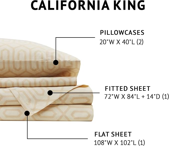 Comfort Spaces 144TC Cotton Sheet Set Breathable, Lightweight, Soft with Elastic Deep Pocket, Modern All Season Cozy Bedding, Matching Pillow Case, Cal King, Diamond Tan 4 Piece | Crisp, Cool & Breathable Bed Sheets, 14" Deep Pocket Fits Up to 16" Matt...