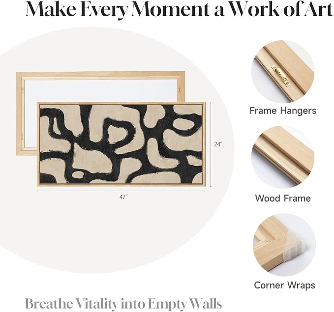 Framed Neutral Modern Abstract Horizontal Wall Art for Living Room, 24x48 | Black and beige, Modern, Minimalist, Large, Canvas artwork, Bedroom wall decor, Hallway wall art, Home office, Ready to hang
