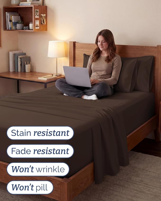 Extra Deep Twin XL Sheet Set - 4 Piece College Dorm Room - Brown | College Dorm Room Essentials, Easy & Secure Fit, Ultra-Soft, Wrinkle & Fade Free, Comfy Sheets Set with Extra Deep Pockets