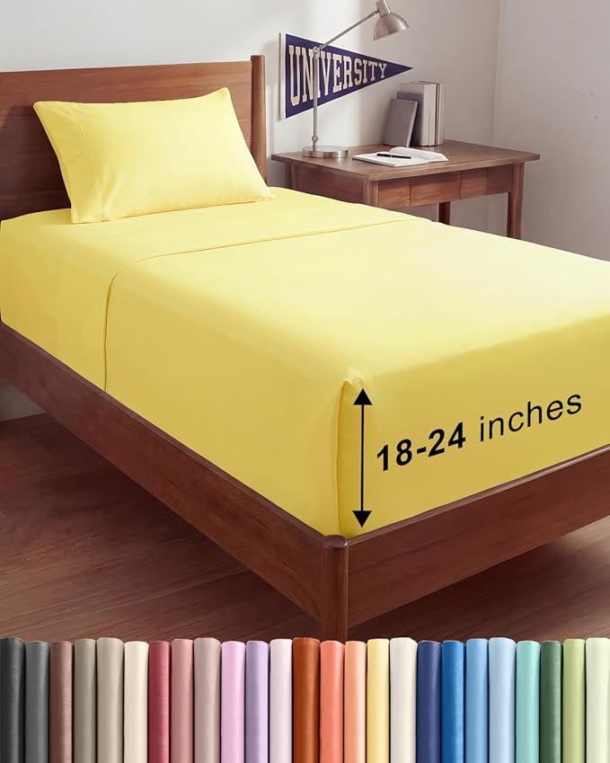 Extra Deep Twin XL Sheet Set - 3 Piece College Dorm Room - Yellow | Soft, Breathable & Cooling, Easily Fits 18 to 24 inch Mattress, Wrinkle Free & Fade Resistant with Extra Deep Pockets