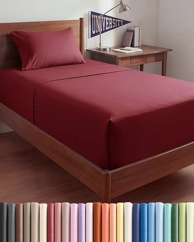 Extra Deep Twin XL Sheet Set - 3 Piece College Dorm Room - Burgundy | Soft, Breathable & Cooling, Easily Fits 18 to 24 inch Mattress, Wrinkle Free & Fade Resistant with Extra Deep Pockets